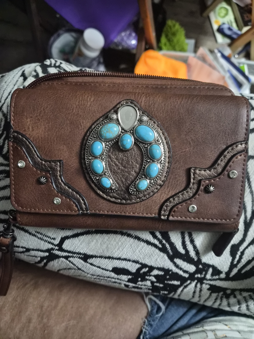 Justin Boots Brown Leather Clutch with Turquoise Accents